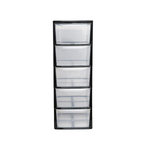 A4 Plastic Storage Drawers Unit – 5 Drawer Slimline Tower | Tall Medium Storage Cabinet for Home, Office, Bedroom & Garage (77cm Height, Clear Drawers)