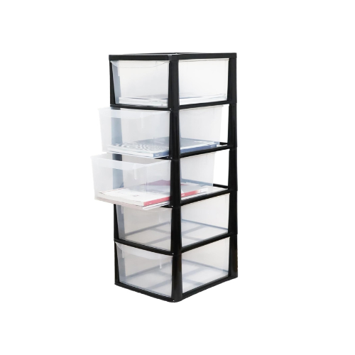 A4 Plastic Storage Drawers Unit – 5 Drawer Slimline Tower | Tall Medium Storage Cabinet for Home, Office, Bedroom & Garage (77cm Height, Clear Drawers)