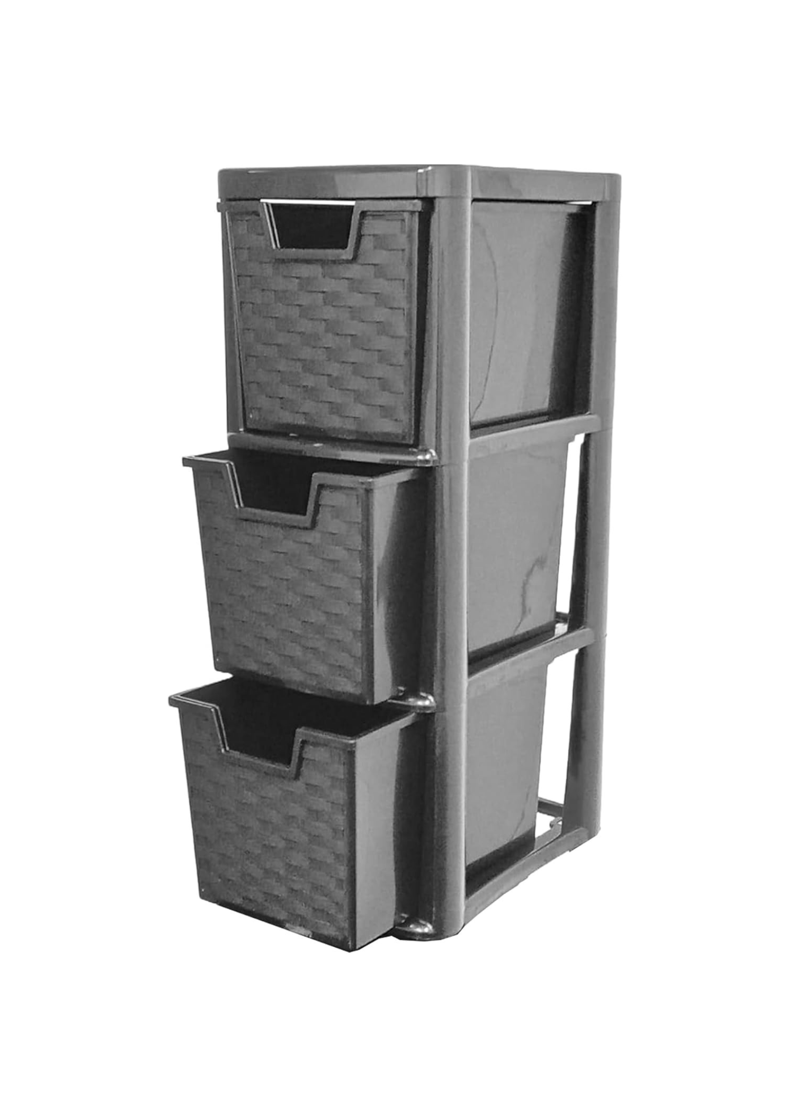 3 Drawer Rattan Effect Storage Tower - Black | Compact Plastic Storage Unit for Home, Office, Garage, Bathroom & Kitchen