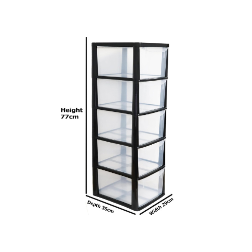 A4 Plastic Storage Drawers Unit – 5 Drawer Slimline Tower | Tall Medium Storage Cabinet for Home, Office, Bedroom &amp; Garage (77cm Height, Clear Drawers)