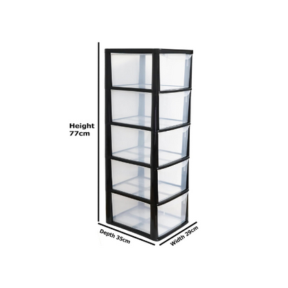 A4 Plastic Storage Drawers Unit – 5 Drawer Slimline Tower | Tall Medium Storage Cabinet for Home, Office, Bedroom &amp; Garage (77cm Height, Clear Drawers)