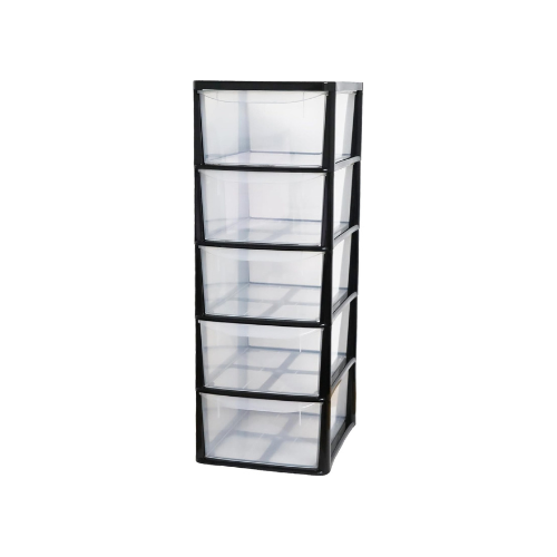 A4 Plastic Storage Drawers Unit – 5 Drawer Slimline Tower | Tall Medium Storage Cabinet for Home, Office, Bedroom &amp; Garage (77cm Height, Clear Drawers)