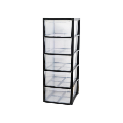 A4 Plastic Storage Drawers Unit – 5 Drawer Slimline Tower | Tall Medium Storage Cabinet for Home, Office, Bedroom &amp; Garage (77cm Height, Clear Drawers)