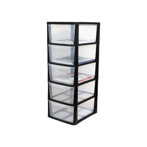 A4 Plastic Storage Drawers Unit – 5 Drawer Slimline Tower | Tall Medium Storage Cabinet for Home, Office, Bedroom &amp; Garage (77cm Height, Clear Drawers)