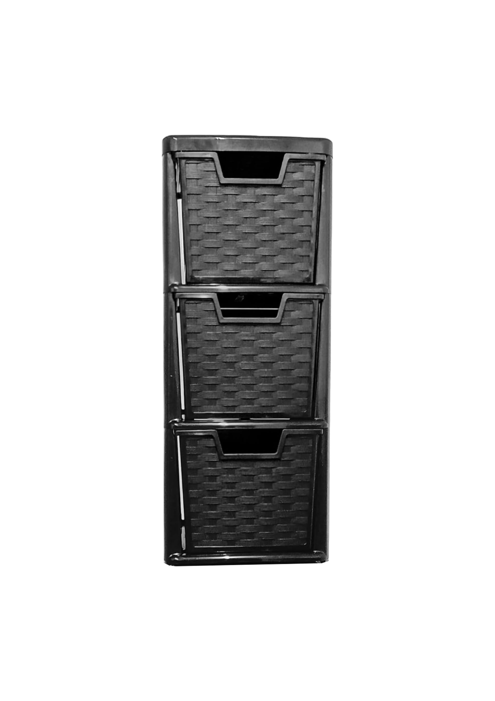 3 Drawer Rattan Effect Storage Tower - Black | Compact Plastic Storage Unit for Home, Office, Garage, Bathroom &amp; Kitchen
