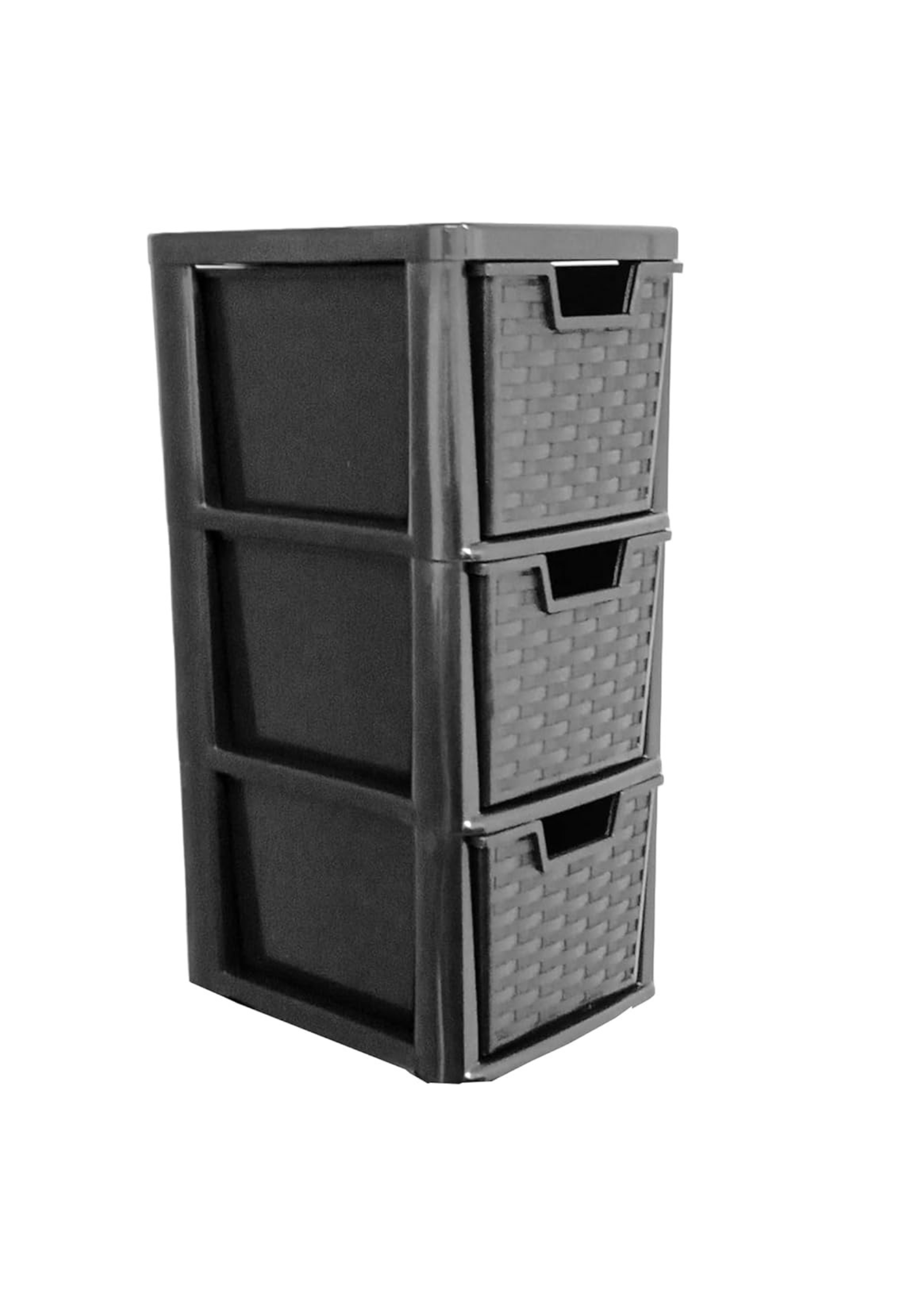 3 Drawer Rattan Effect Storage Tower - Black | Compact Plastic Storage Unit for Home, Office, Garage, Bathroom &amp; Kitchen